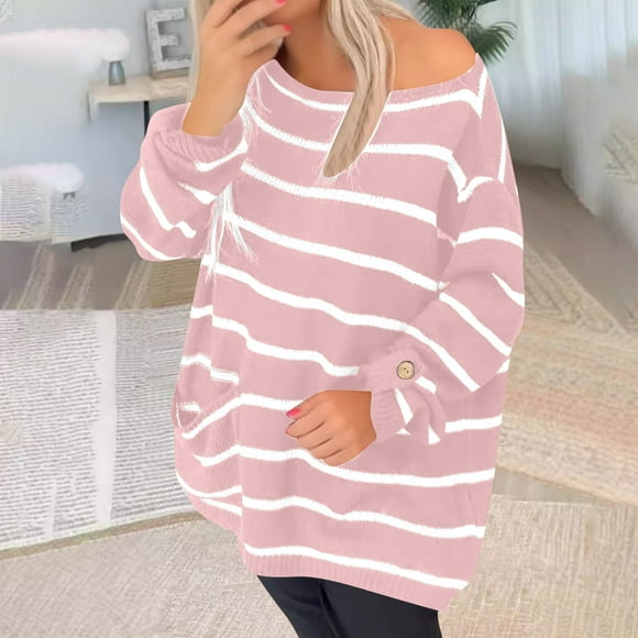 Suéter de cuello redondo para mujer, suéter de punto a rayas de manga larga de moda, tops de mujer