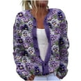 thumbnail image 2 of Cardigan Sweaters For Women Oversized Crew Neck Cropped Long Sleeve Button Down Tops Printed Knitted Outerwear Purple Xl, 2 of 3