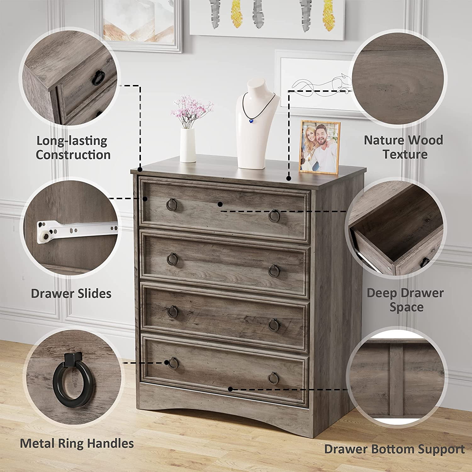 Gray Modern Dresser, 4 Drawer Dressers for Bedroom, Chest of Drawers