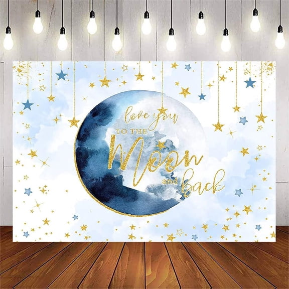 Love You to The Moon and Back Backdrop for Baby Shower Blue Sky Moon Hanging Golden Stars Birthday Party Decorations Banner Background