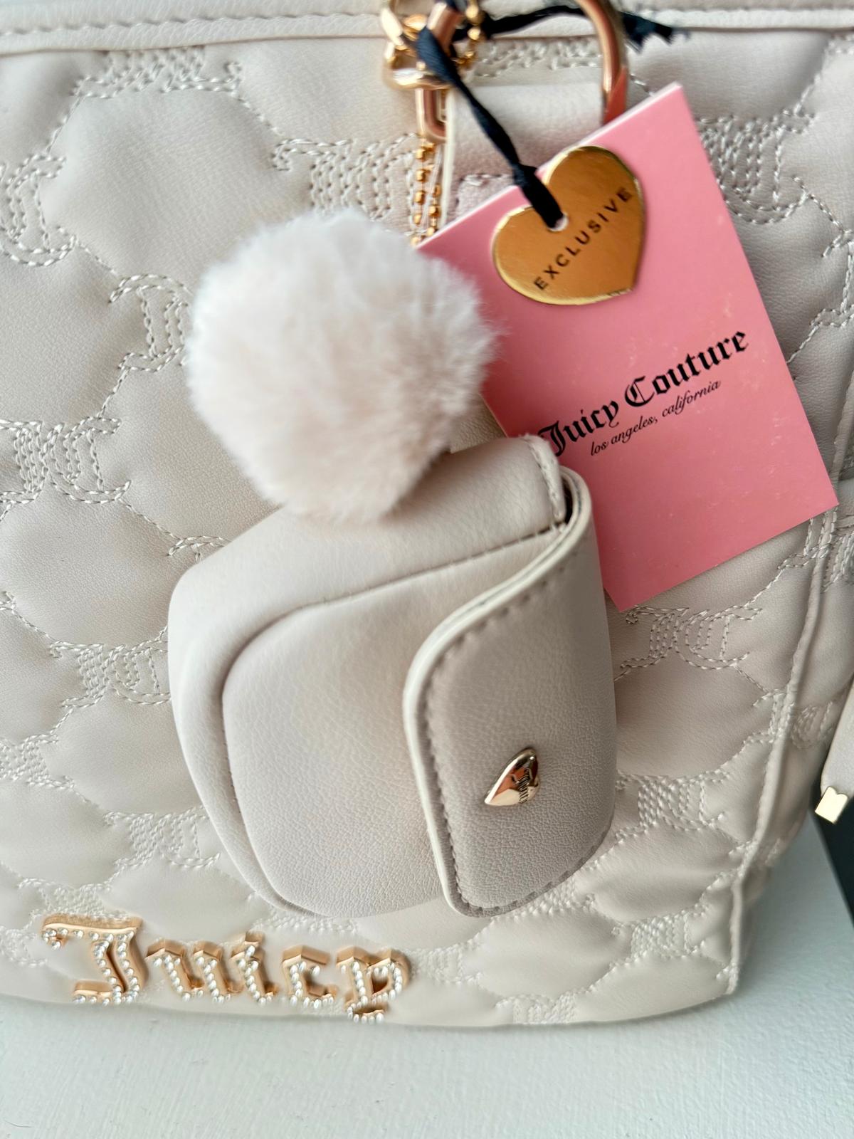 Juicy Couture Demure Tote Cream Handbag with Chain Straps & Matching Pouch – Heart Pattern, Gold Hardware, NWT
