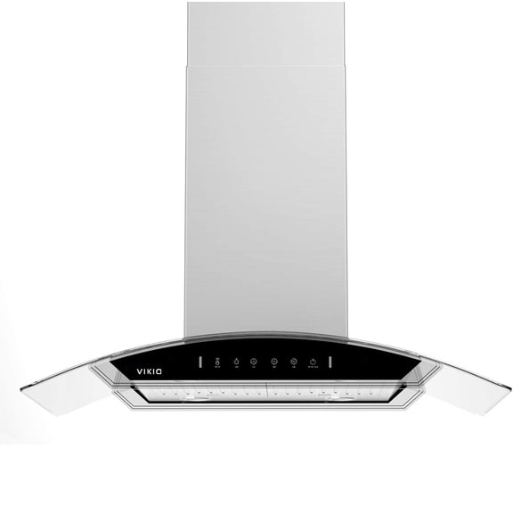 VIKIO 30 Inch Island Range Hood 900 CFM Stainless Steel Curved Glass Kitchen Vent Hood with Gesture Control Dual Side Touch Panel 4 LED Lights ETL Certified