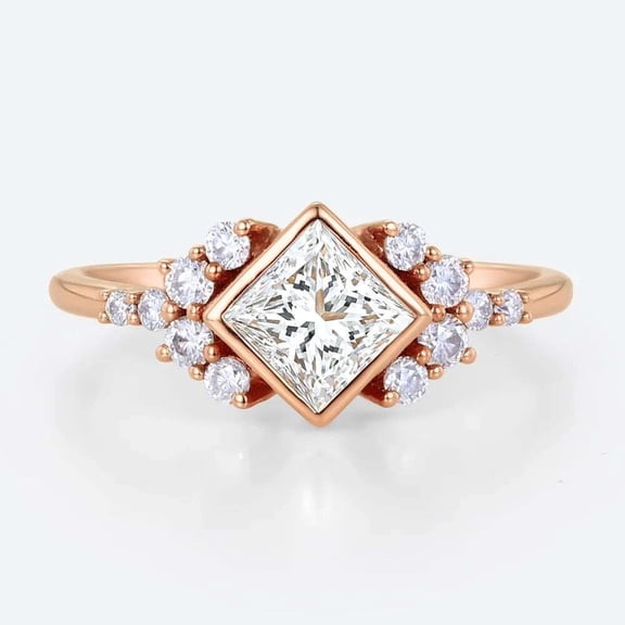 vylahjewellery 10K Vermeil Rose Gold Mother's Day Ring Bezel Princess Cut Diamond Wedding Bridal Ring Side Stone Round Moissanite Engagement Ring