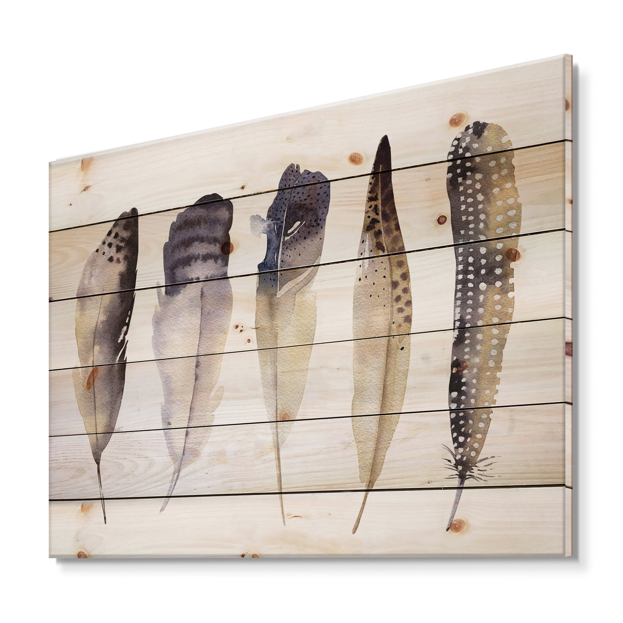 Designart 'Dark Gray Feathers Boho Ethnic II' Bohemian & Eclectic Print on Natural Pine Wood