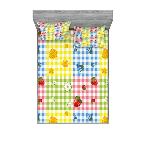 Ambesonne Colorful Fitted Sheet & Pillow Sham Set, Berries Flowers Picnic, Queen, Multicolor