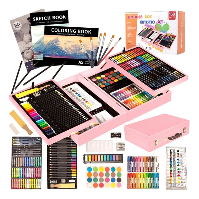 Refurbished KINSPORY Deluxe Wooden Art Set, 168-Piece Comprehensive Drawing and Painting Kit, Pink, Includes Colored Pencils, Crayons, Markers, Paints, Brushes, Coloring Book, Sketch Pad