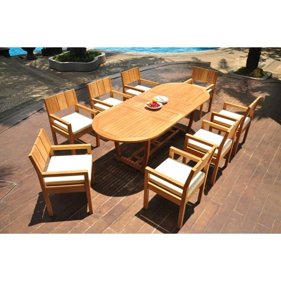 Grade-A Teak Dining Set: 8 Seater 9 Pc: 94" Mas Oval Trestle Leg Table And 8 Veranda Arm Chairs Outdoor Patio WholesaleTeak #WMVR74
