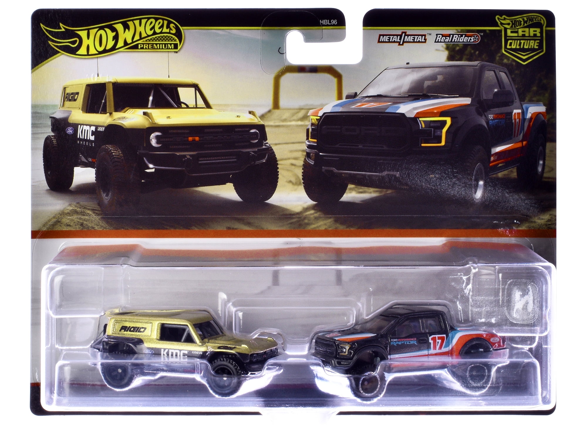 Ford Bronco R Gold Met & Black & 2017 F-150 Raptor Truck #17 Black w/Stripes "Car Culture" Set Die Cast Model Cars by Hot Wheels