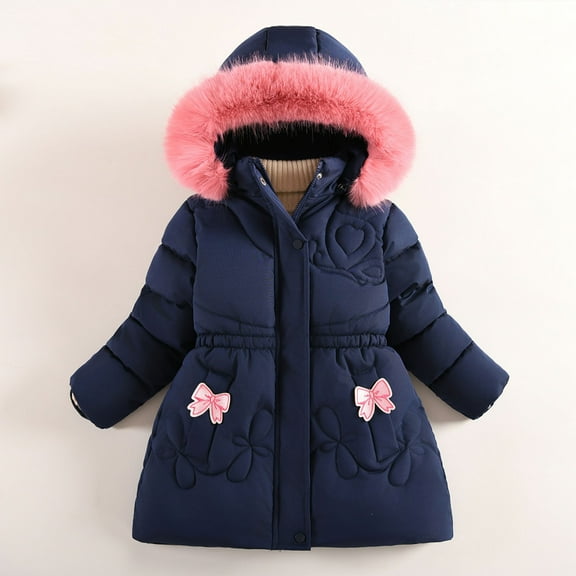 Winter Coat for Girls Hooded Puffer Jacket Girls Bow Jacket Zipper Long Sleeve Waterproof Girls Thicken Jacket Jacket for Girls 6-7 Years
