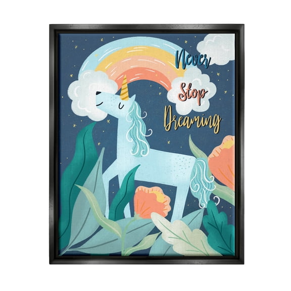 Stupell Industries Never Stop Dreaming Unicorn Fairy Tales & Fantasy Painting Black Floater Framed Canvas Art Print Wall Art, 17 x 21