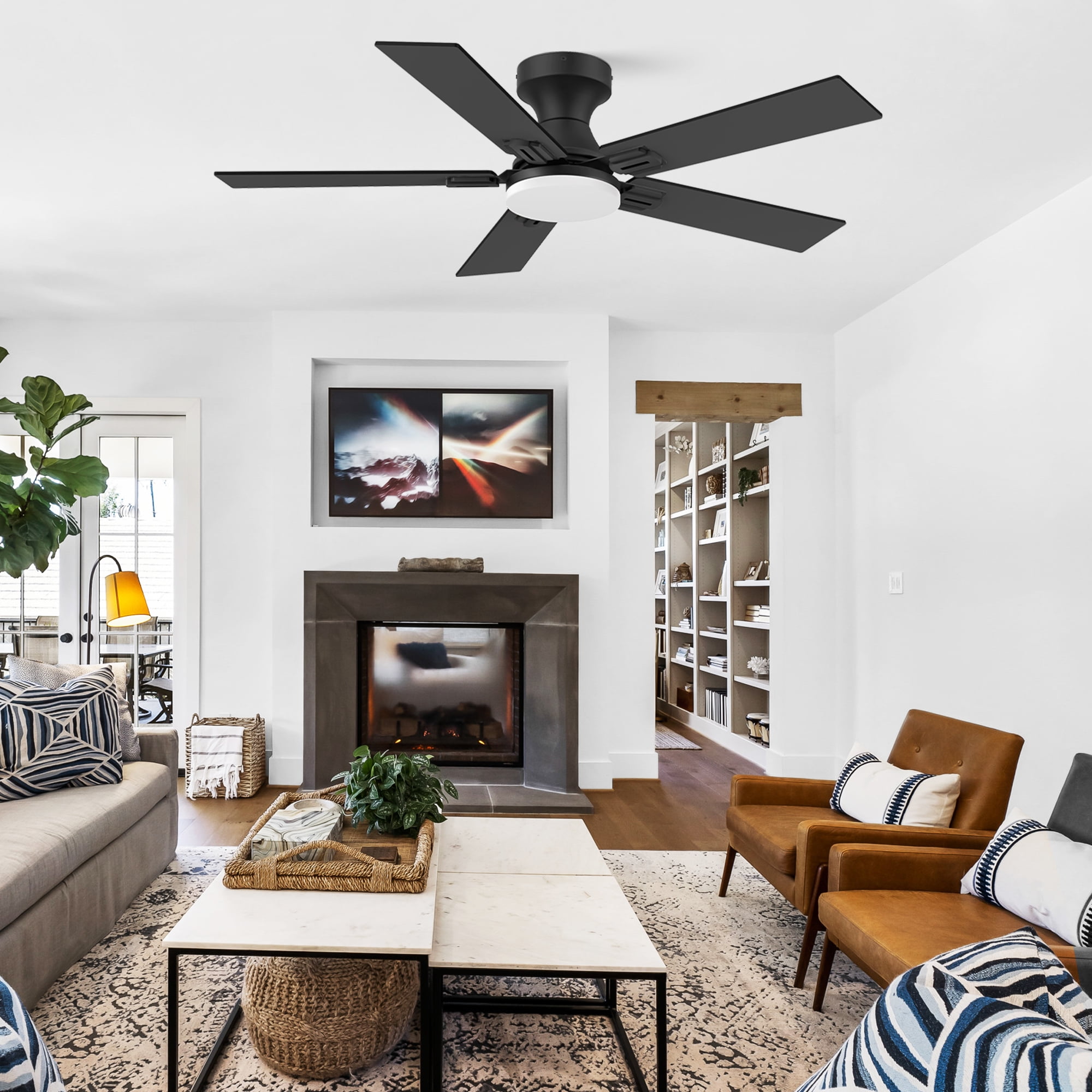 42” Smart Wood Flush Mount Ceiling Fans with Lights Remote,Quiet DC Motor,Outdoor Indoor Low Profile Ceiling Fan,Voice WIFI Alexa App Control,Dimmable,6-speed,for Modern Bedroom Patio