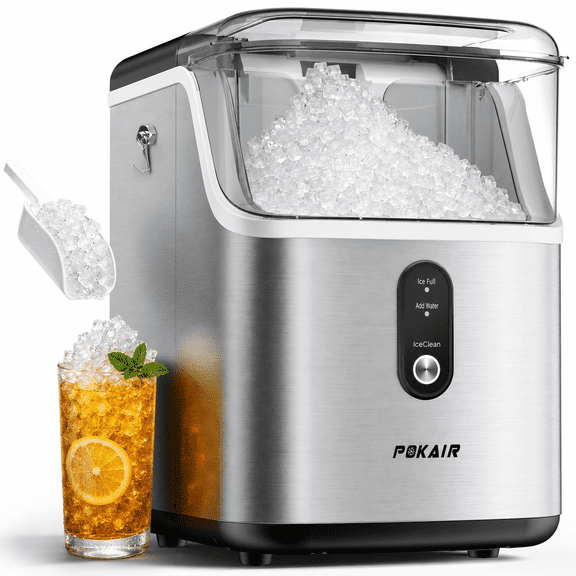 POKAIR Nugget Ice Maker Countertop, Sonic-Style Chewable Pebble Ice in 9 Min, 33 lbs/Day, Self-Cleaning, One-key Control, ETL, Brushed Stainless Steel