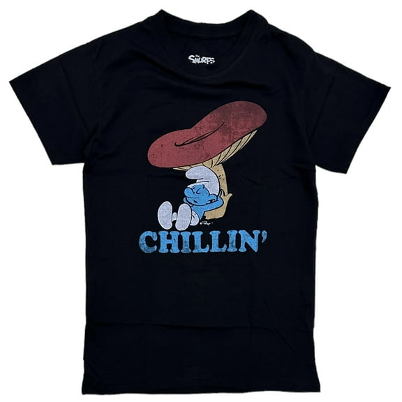 The Smurfs Men's Officially Licensed Chillin Distressed Graphic Tee T-Shirt (Small, Black)