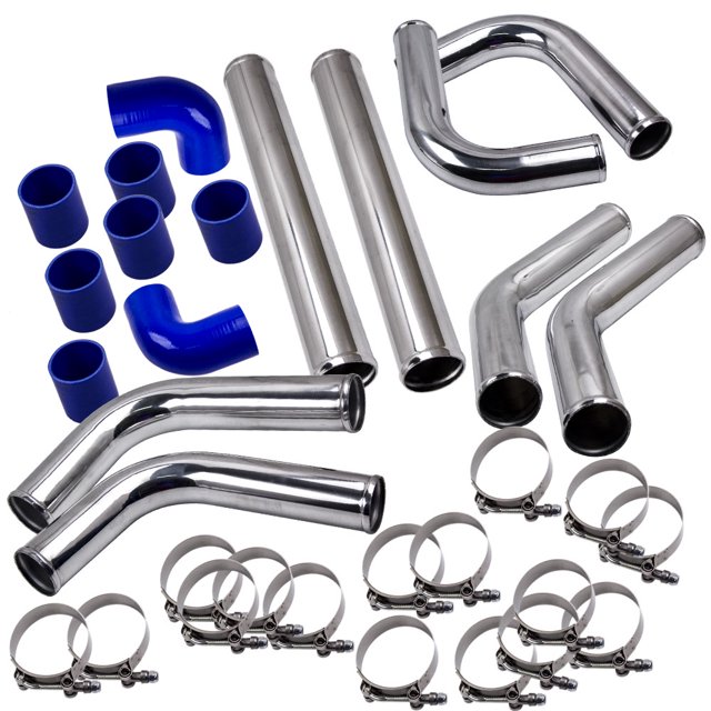 2.5 inch Universal Aluminum Intercooler Turbo Piping pipe Kit with 6061 aluminum pipes, blue silicone couplers, and stainless steel T-bolt clamps. Includes straight, 45°, 75°, and 90° aluminum pipes, along with matching hoses and clamps for high flow, turbo response, and performance air intake upgrades.