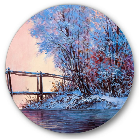 Designart 'Bridge Of Meandering River With Winter Scenery I' Lake House Circle Metal Wall Art 36x36 - Disc of 36