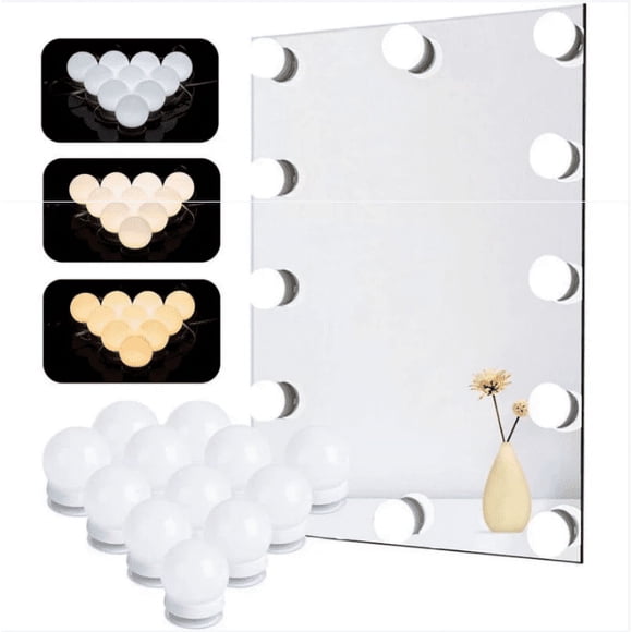 Lumière de Miroir, Natseekgo 12 Ampoules Hollywood Kit de Lumière LED Dimmable Lampe pour Miroir Cosmétique Salle de Bain 3 Couleurs 10 Niveaux de Luminosité avec (Miroir Non Inclus)