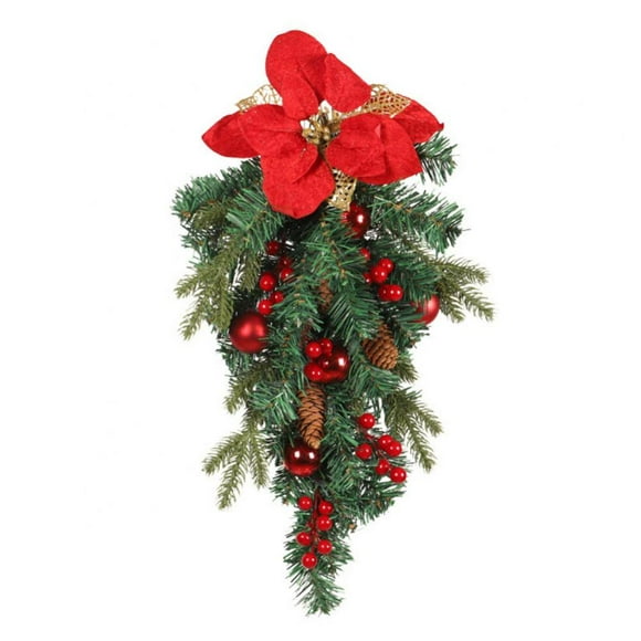 Artificial Christmas Pine Branch Poinsettia Teardrop Wreaths Winter Pine Cones Greens Frosted Red Berries Balls Christmas Swag for Front Door Farmhouse Style Home Decor 19.68inch