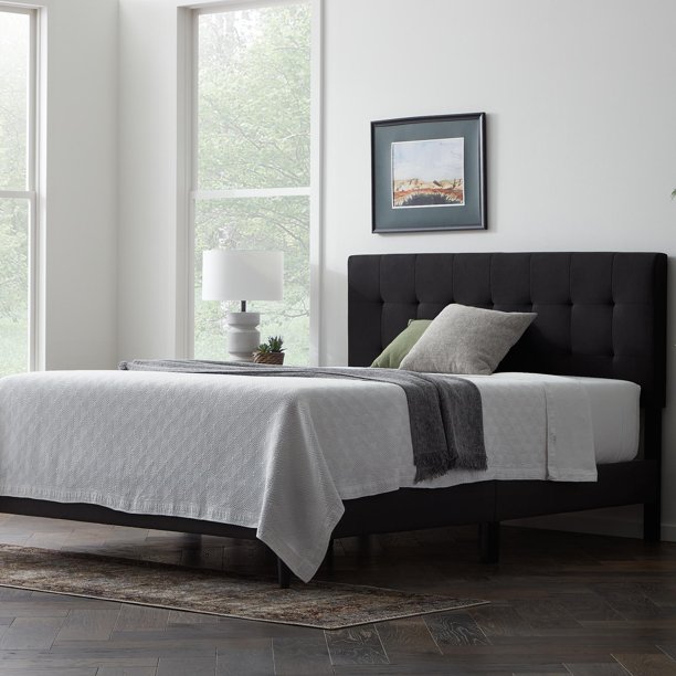 Rest Haven Upholstered Platform Bed Frame with Square Tufted Headboard