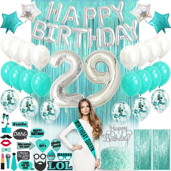 29th Women Birthday Decorations Teal Green, 29th Birthday Party Supplies, 29th Photo Props, 29th Cake Topper, 29th Birthday Gifts, Curtain