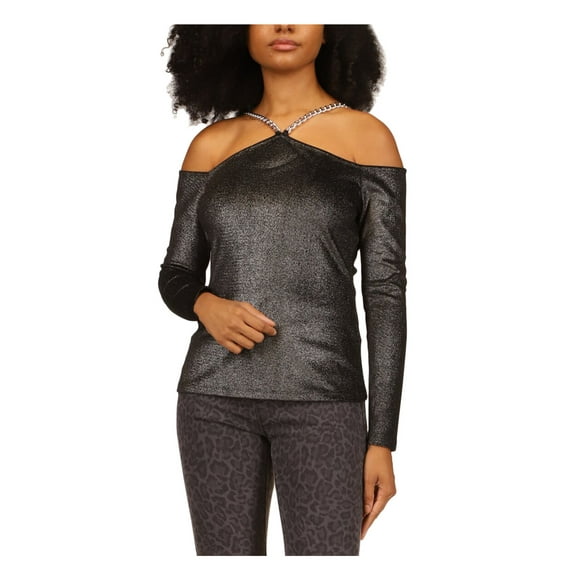 MICHAEL MICHAEL KORS Womens Black Cold Shoulder Chain Detail Long Sleeve V Neck Party Top M