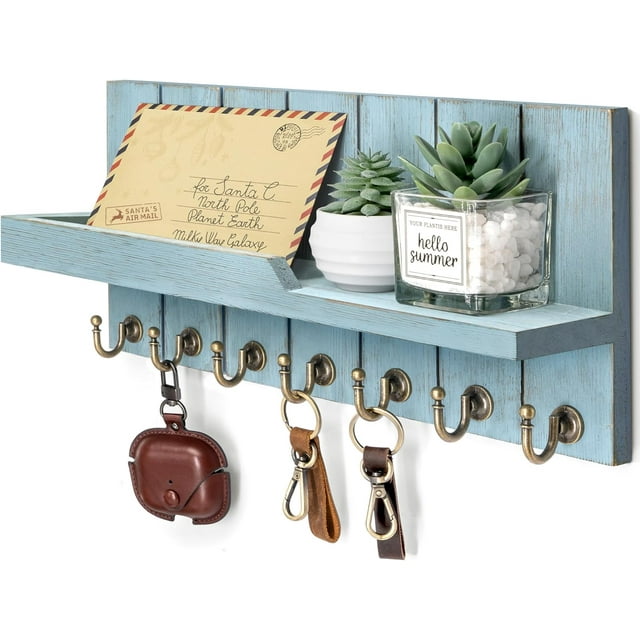Key Holder for Wall - Farmhouse Rustic Mail Organizer Floating Shelf for Home Kitchen Entryway Decor with Sturdy Key Hooks (Retro )