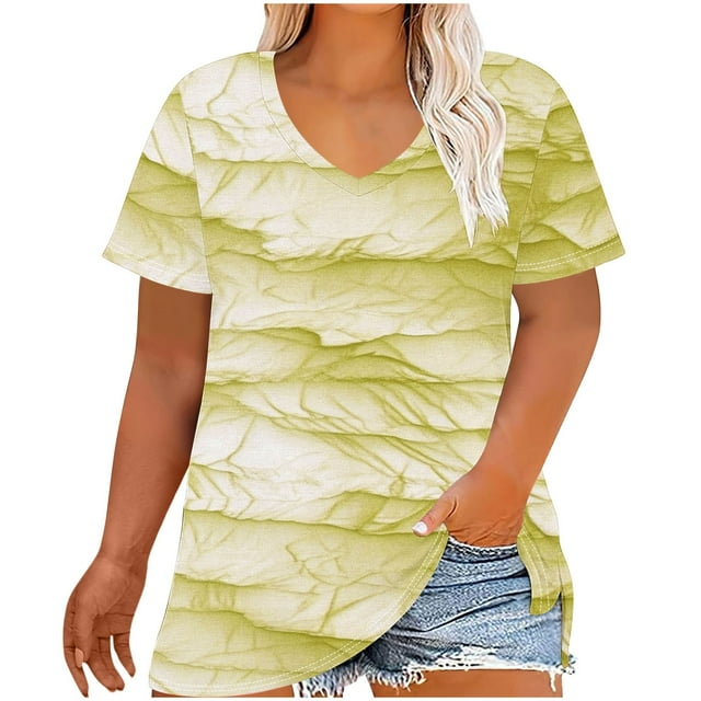 Lovzfmll Plus Size Women's Vintage Print V-Neck Tee, Solid Color Summer Short Sleeve Top, Soft Basic Layering Blouse
