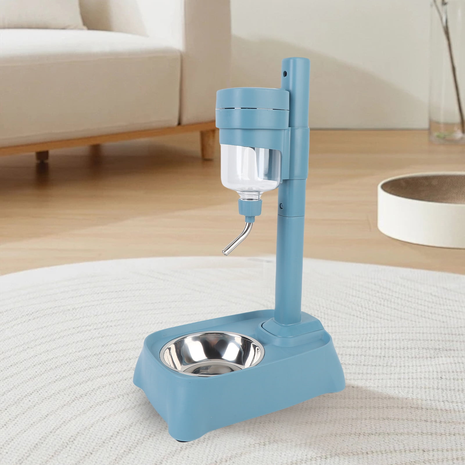 Riousery 500ml / 16.9 oz Pet Standing Water Dispenser with Stainless Steel Bowl, Height Adjustable Automatic Feeder for Cats and Dogs, Lake Blue