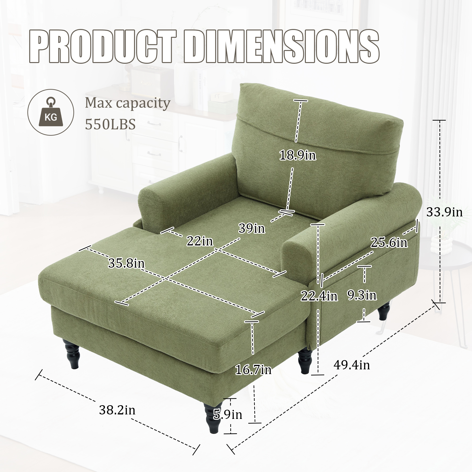 MOONMISS Chenille Upholstered Wood Frame Recliner Single Sofa with Comfortable Backrest and Armrests-Olive Green