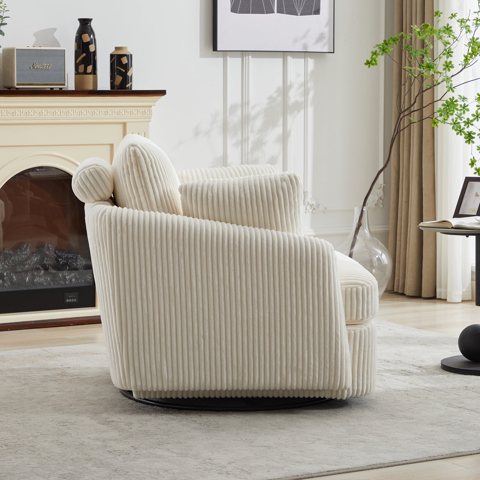 Leumius 360° Swivel Accent Chair with 2 Throw Pillows,40.55''W Corduroy Accent Chair Armchair,Comfy Upholstered Single Sofa Chair for Bedroom Living Room,Ivory