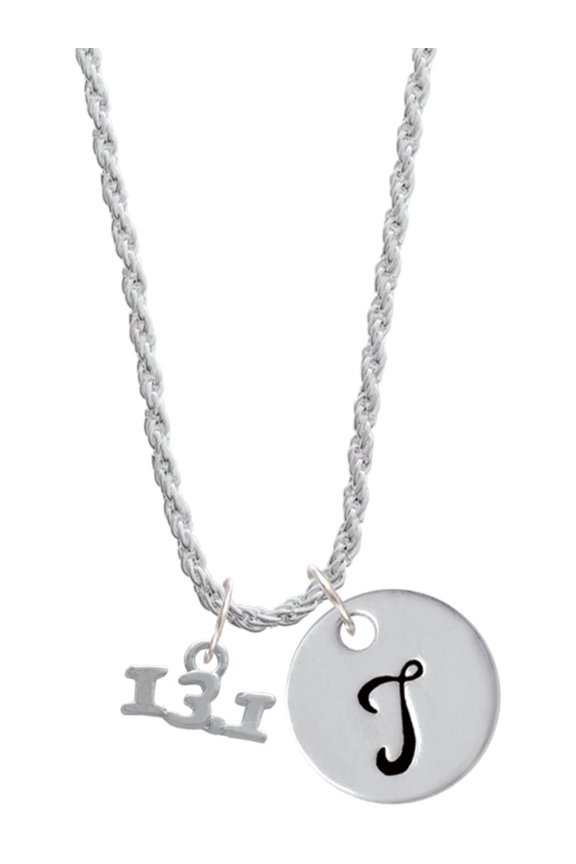 Silvertone Half Marathon - 13.1 Silvertone Script Initial Disc - T - Charm Necklace, 20"+3"