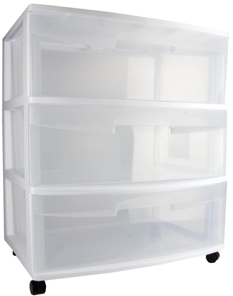 White Frame with Clear Drawers and Black Casters Sterilite 29308001 Wide 3 Drawer Cart