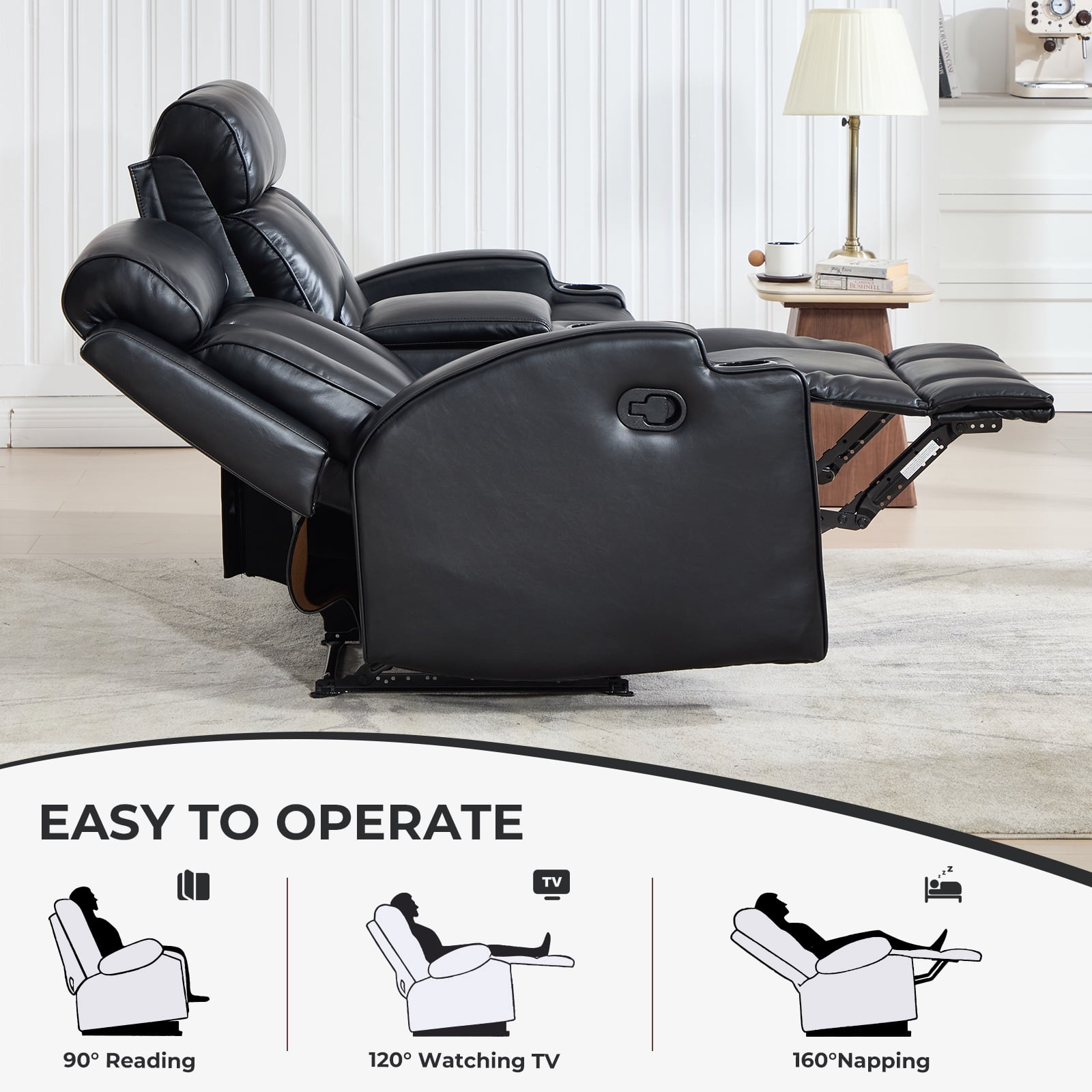 Ebello Manual Recliner Sofa, PU Leather Overstuffed 3-Seat Reclining Couch with Cup Holders for Living Room & Home Theater, Black
