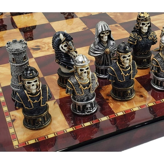 Medieval Times Skull Busts Gothic Fantasy Chess Set W/ 18" Cherry Color Board
