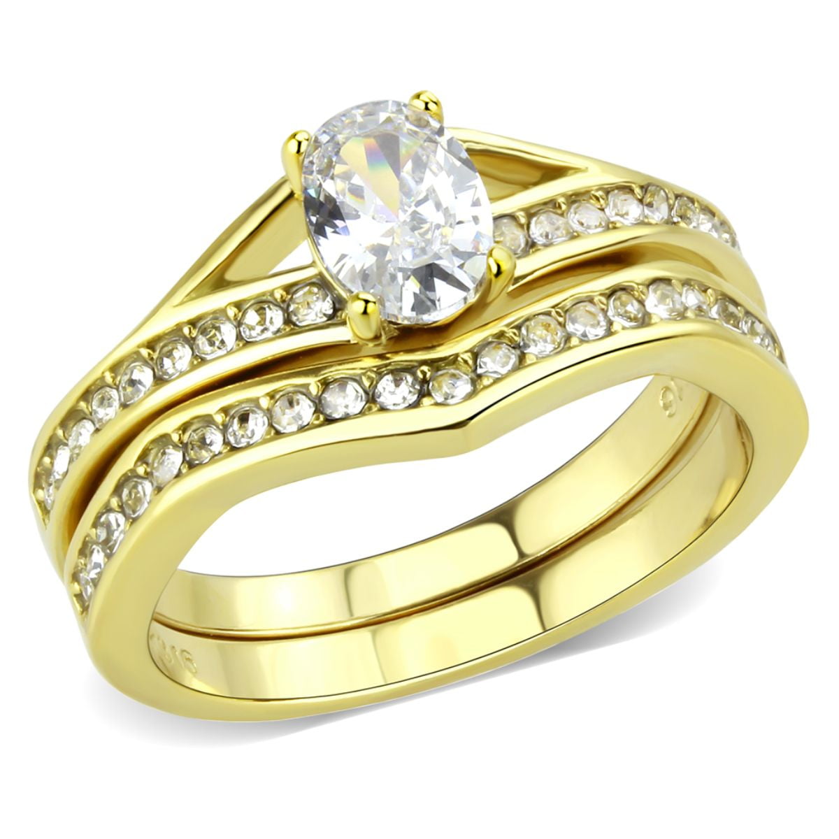 2 Piece Cz Wedding Engagement Ring Set Yellow Gold Plated Stainless Steel 
