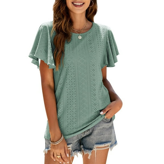 Purcoar Womens Ruffle Blouses Summer Shirts Short Sleeve Knit Tops