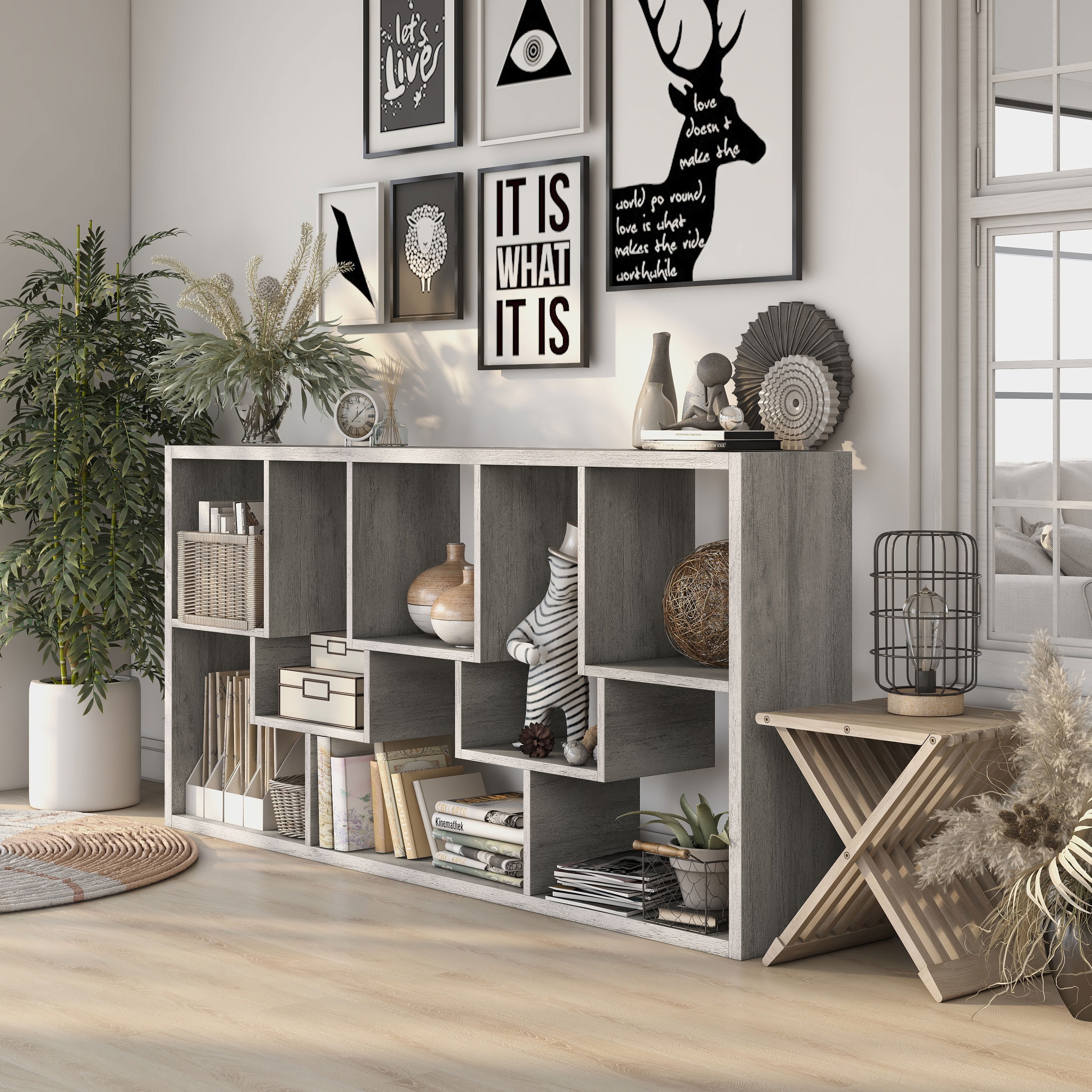Furniture of America Corin Modern 12-Shelf Geometric Bookcase, Vintage Gray Oak