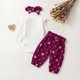 thumbnail image 4 of Conjuntos de blusas y camisas de cuello redondo y manga larga para niña, mono de cuello redondo y manga larga con vuelo de color liso con cintura elástica, pantalones estampados y diadema, conjunto de, 4 of 8