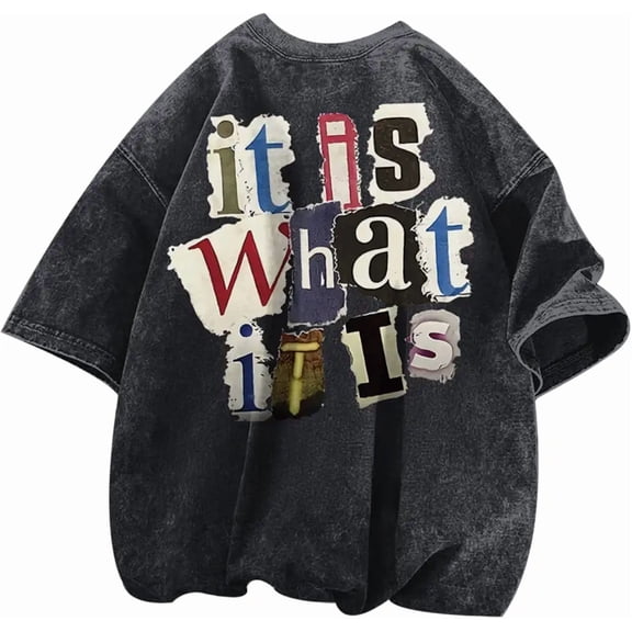Zoemghc Men's Graphic Tees Funny Letter Print Vintage Oversize T Shirts Acid Wash Shirt Streetwear Rapper Casual Tee Top