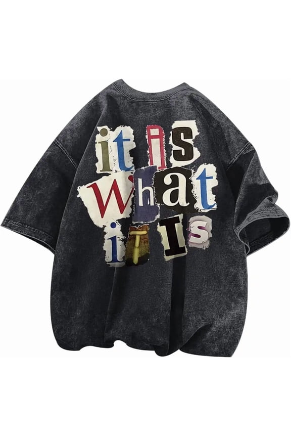 Zoemghc Men's Graphic Tees Funny Letter Print Vintage Oversize T Shirts Acid Wash Shirt Streetwear Rapper Casual Tee Top