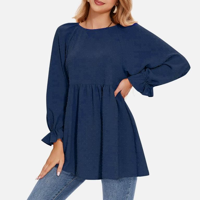 Women's Dressy Casual Blouses Ruffle Long Sleeve Swiss Dot