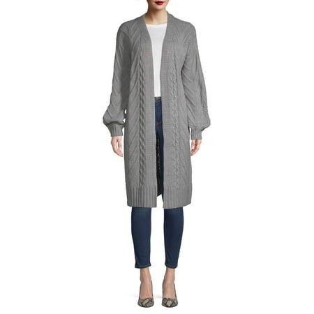 Time and Tru Drop Shoulder Open Front Cardigan with Balloon Sleeve Women's