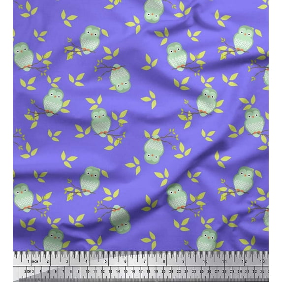Soimoi Poly Georgette Fabric Leaves & Owl Bird Print Fabric by the Yard 52 Inch Wide