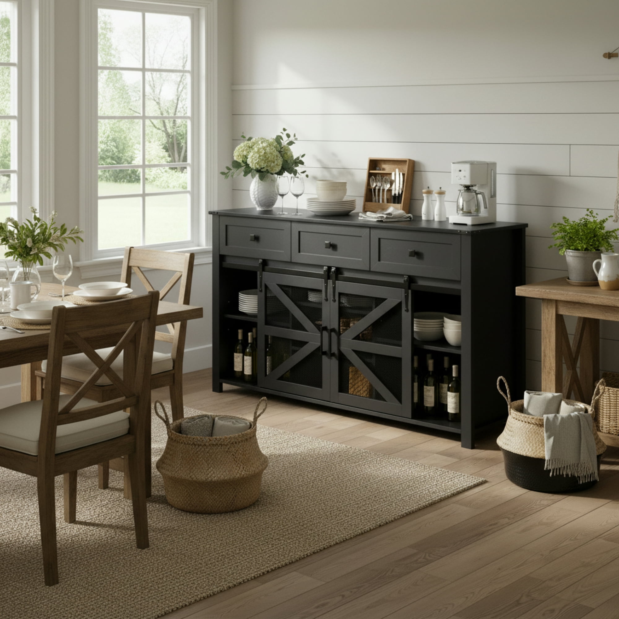 Leumius 55In Sliding Barn Door Sideboard Buffet Cabinet with 3 Drawers, Adjustable Shelves, Metal Mesh & Particleboard Doors, Aluminum Handles, Industrial Storage for Living or Dining Room Black