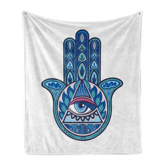 Evil Eye Soft Flannel Fleece Throw Blanket, Vibrant Design Hamsa Hand with Evil Eye in Triangle Esoteric East Cure, Cozy Plush for Indoor and Outdoor Use, 70" x 90", Blue Turquoise Pink, by Ambesonne