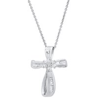 Dazzlingrock Collection Round & Baguette White Diamond Looping Flower Cross Pendant for Women with 18 Inch Gold Chain (0.25 ctw, Color I-J, Clarity I2-I3) in 10K White Gold