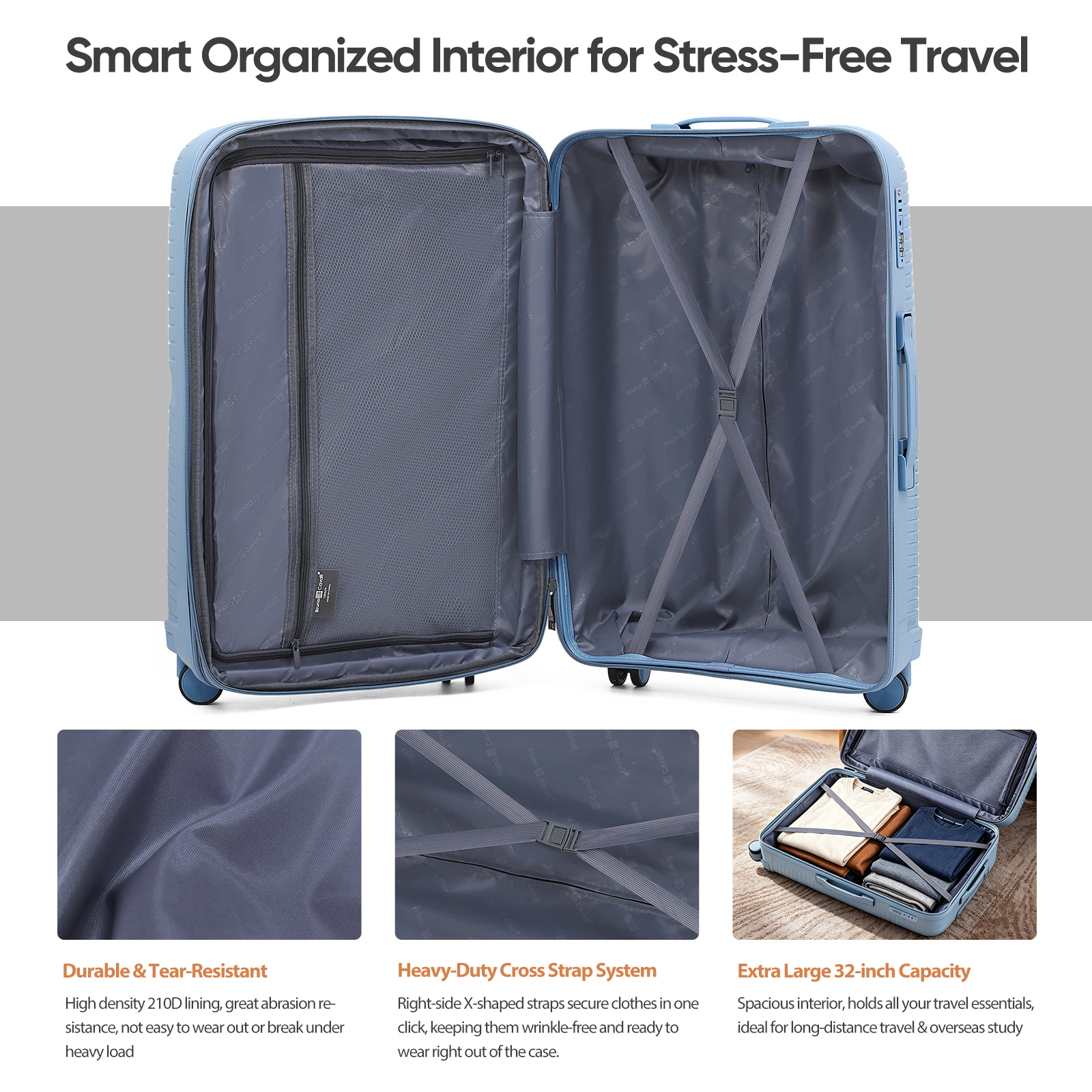4 Piece Expandable ABS Luggage Set 13"+20"+28"+32", Hard Shell Spinner Suitcases with TSA Lock, Lightweight Travel Suitcase for Family Trip GREY BLUE