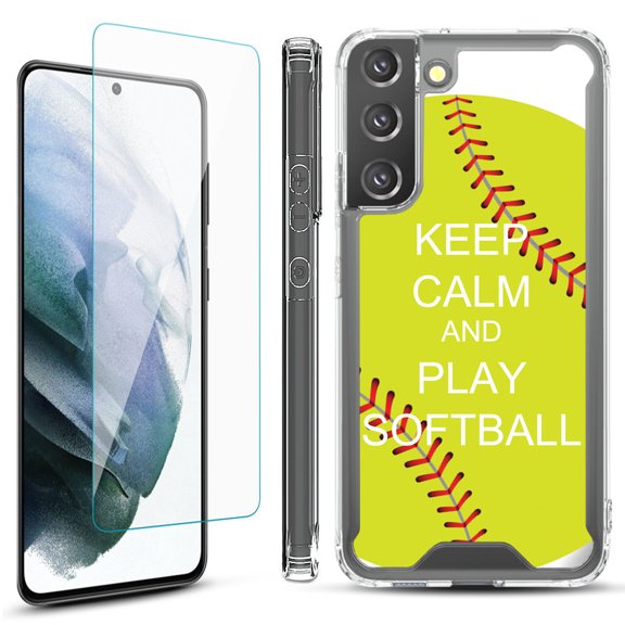 Shockproof Bumper Phone Case for Samsung Galaxy S22  / S22 Plus 5G, with Tempered Glass Screen Protector, by OneToughShield ® - Keep Calm Softball