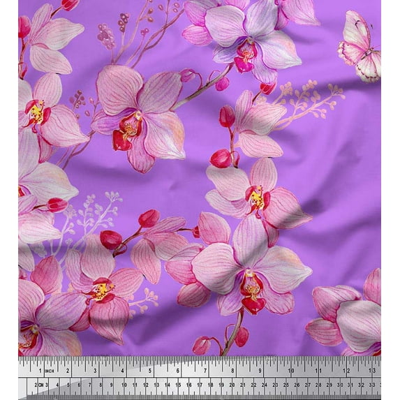 Soimoi Crepe Silk Fabric Bird & Orchids Flower Printed Fabric 1 Yard 42 Inch Wide