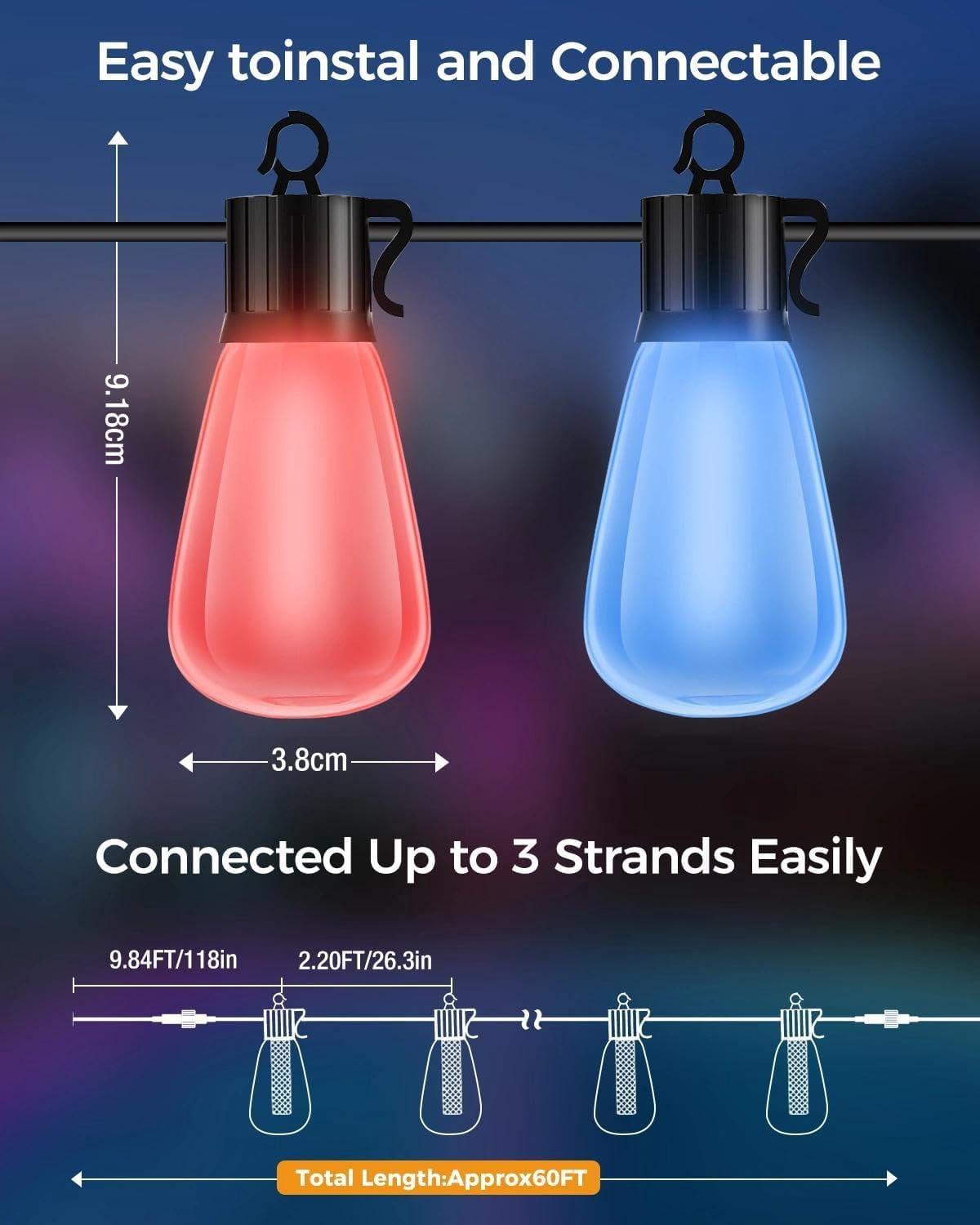 60FT Color Changing Outdoor String Lights with Remote - Dimmable LED RGB Patio Lights for Outside with Shatterproof Waterproof Edison Bulbs for Yard Gazebo Party Wedding Holiday