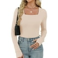 thumbnail image 3 of QATAINLAV Womens Long Sleeve Shirts Ribbed Knit Square Neck Basic Layering Thumb Holes Workout Slim Fit Tops, 3 of 9